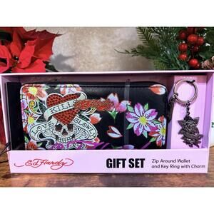 Ed Hardy Zip Around Wallet and Key Ring with Charm